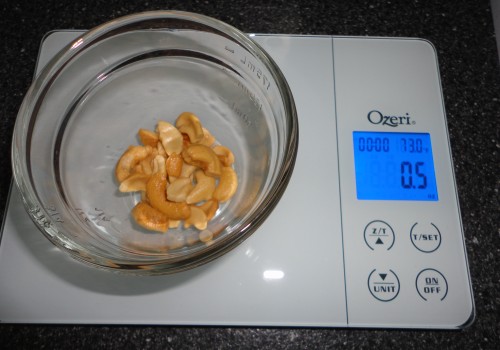 measuring cashews on ozeri gourmet digital kitchen scale